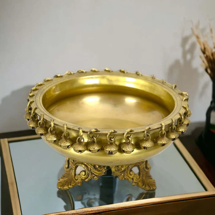 Brass Urli Bowl with Bells – Handcrafted Ethnic Decorative Bowl for Candles, Flowers & Home Décor