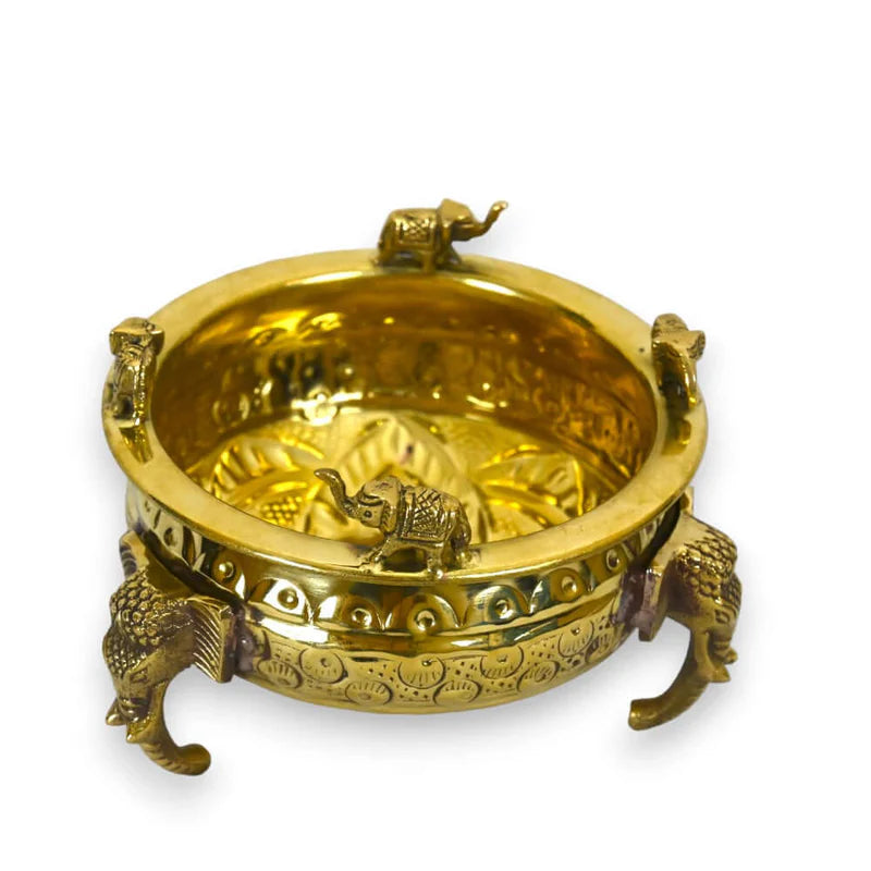 Royal Handcrafted Brass Urli Bowl with Elephant Design – 6 Inch Decorative Pot
