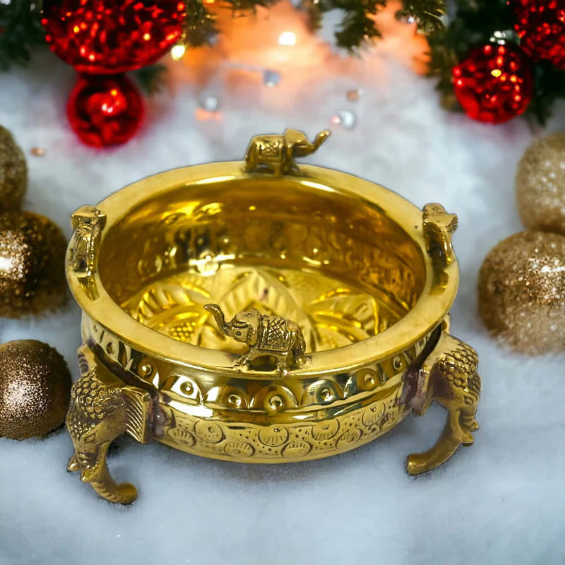 Royal Handcrafted Brass Urli Bowl with Elephant Design – 6 Inch Decorative Pot