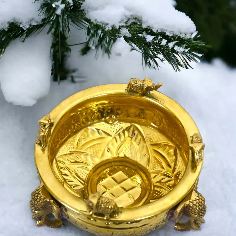 Royal Handcrafted Brass Urli Bowl with Elephant Design – 6 Inch Decorative Pot
