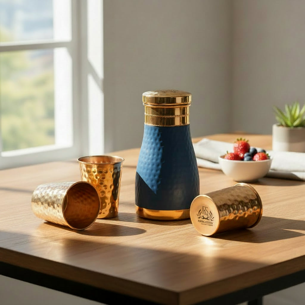 ROYALSTUFFS Pure Copper Bedside Water Carafe |Premium Quality Copper Bottle with 4 Hammered Glasses Tumbler for Water| Leak Proof | Ayurvedic Health Benefits -1000 ml