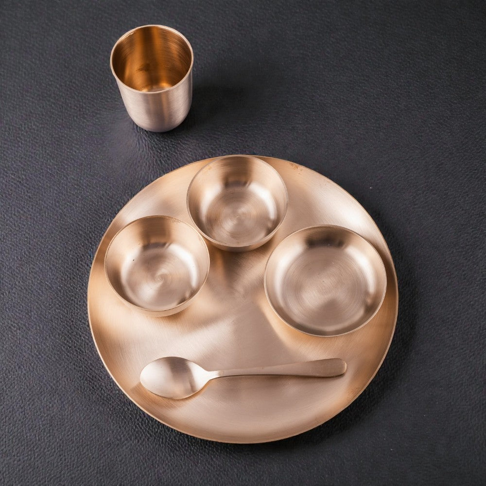 RoyalStuffs 11.8 Inch Matt Finish Kansa Bhojan Set – Traditional 6 Piece Bronze Dinner Set (80:20 Certified Kansa)