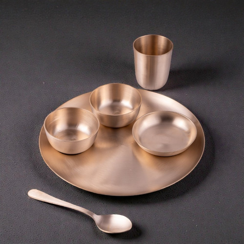 RoyalStuffs 11.8 Inch Matt Finish Kansa Bhojan Set – Traditional 6 Piece Bronze Dinner Set (80:20 Certified Kansa)