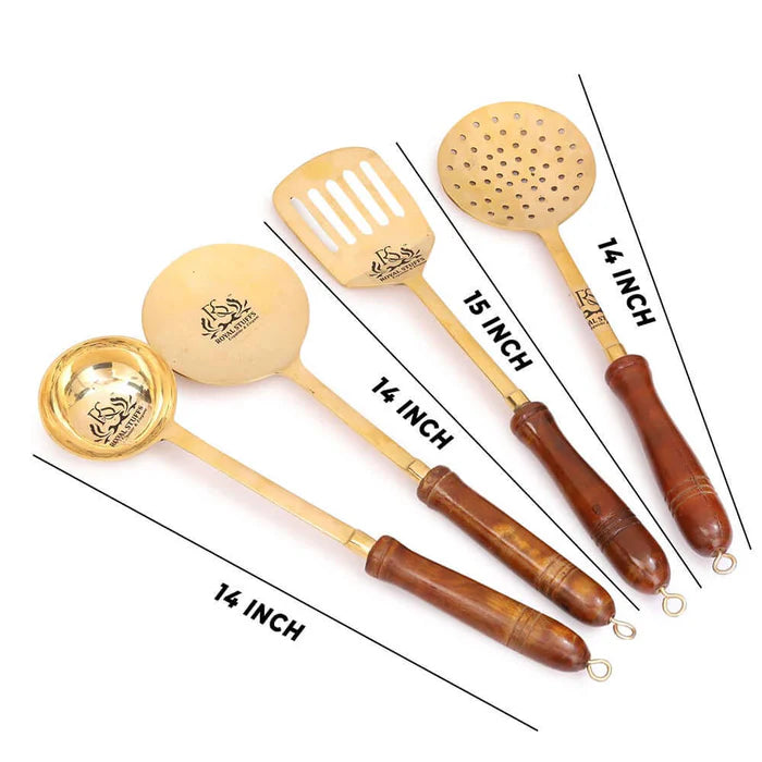 Handmade Traditional Brass Ladles & Spatula Cooking Set – 4 Piece Premium Kitchen Utensil Set