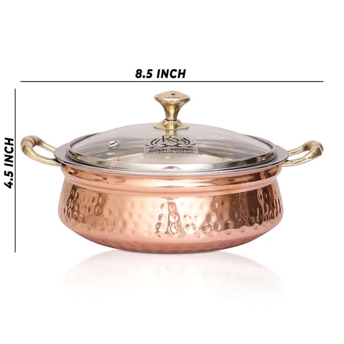 Hammered Copper Casserole with Glass Lid – Steel Interior Serving Bowl (780 ML)