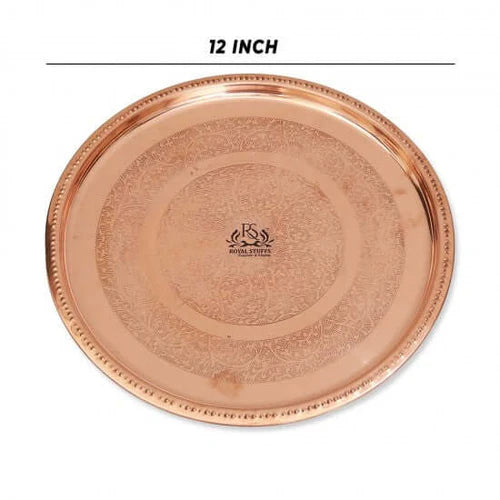 Set of 4 Pure Copper Floral Thali Plates – 12 Inch Handcrafted Copper Dinner Serving Plates