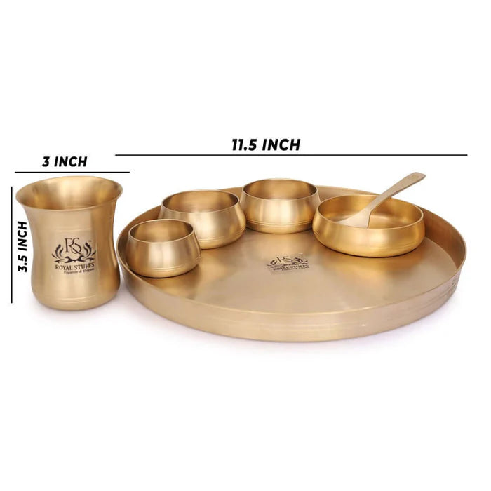 Curved Matt Finish Brass Thali Set – 7 Piece Dinner Set with Bowl, Glass & Spoon