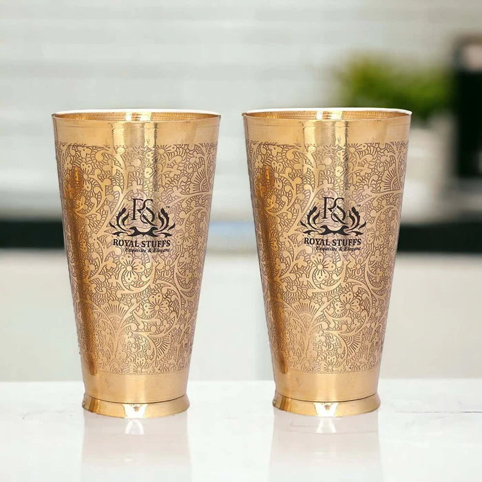 RoyalStuffs Set of 2 Pure Brass Lassi Glasses – 600 ML Embossed Traditional Design Tumblers