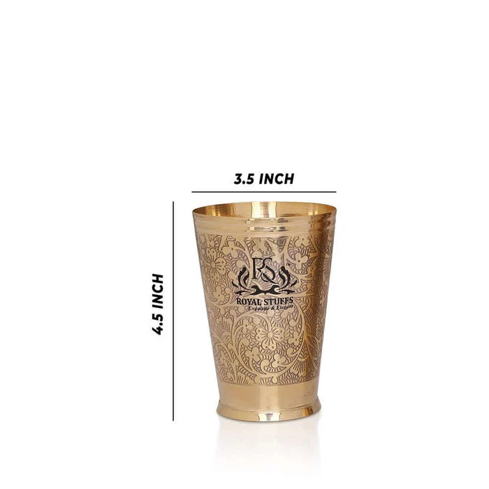 RoyalStuffs Set of 2 Pure Brass Drinking Glasses – Embossed Royal Design Brass Tumblers (300 ML)