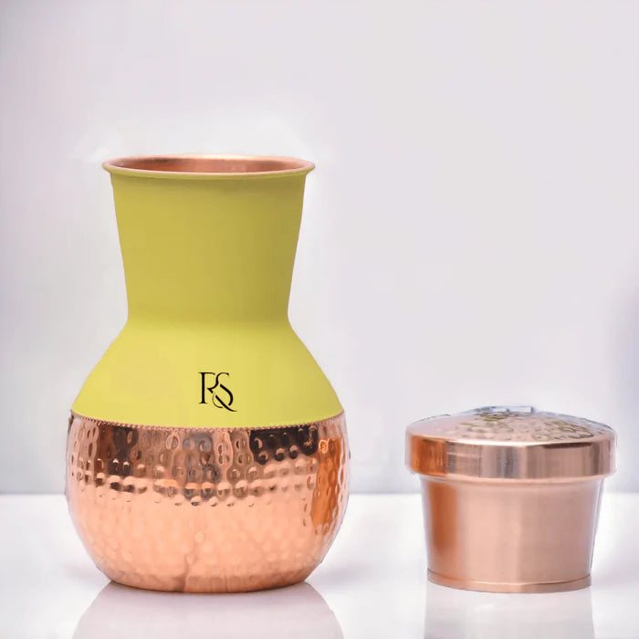 RoyalStuffs Copper Yellow Matka Pot with Inbuilt Glass – Premium Hammered Copper Bedside Water Carafe (1250 ML)