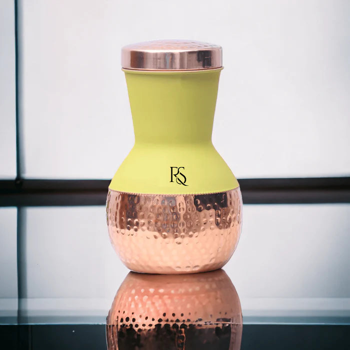 RoyalStuffs Copper Yellow Matka Pot with Inbuilt Glass – Premium Hammered Copper Bedside Water Carafe (1250 ML)