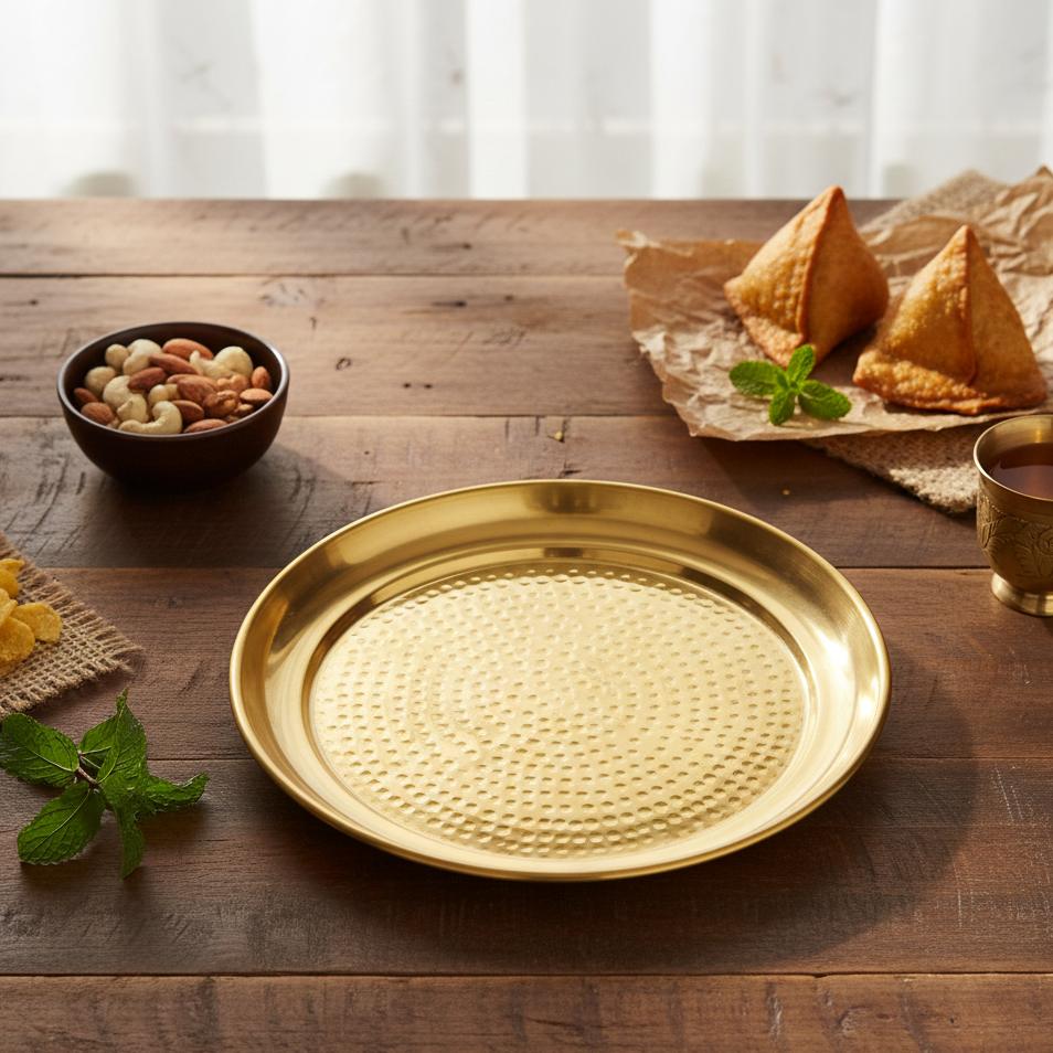 Gold decorative plate on a wooden table with snacks and tea.