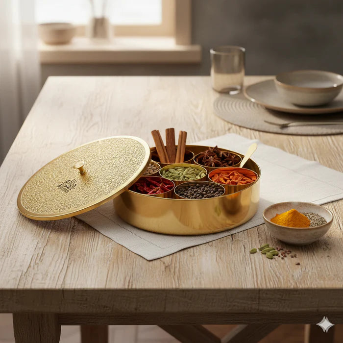 Pure Brass Spice Box (Masala Dani) Set with Lid, Spoon & 7 Containers