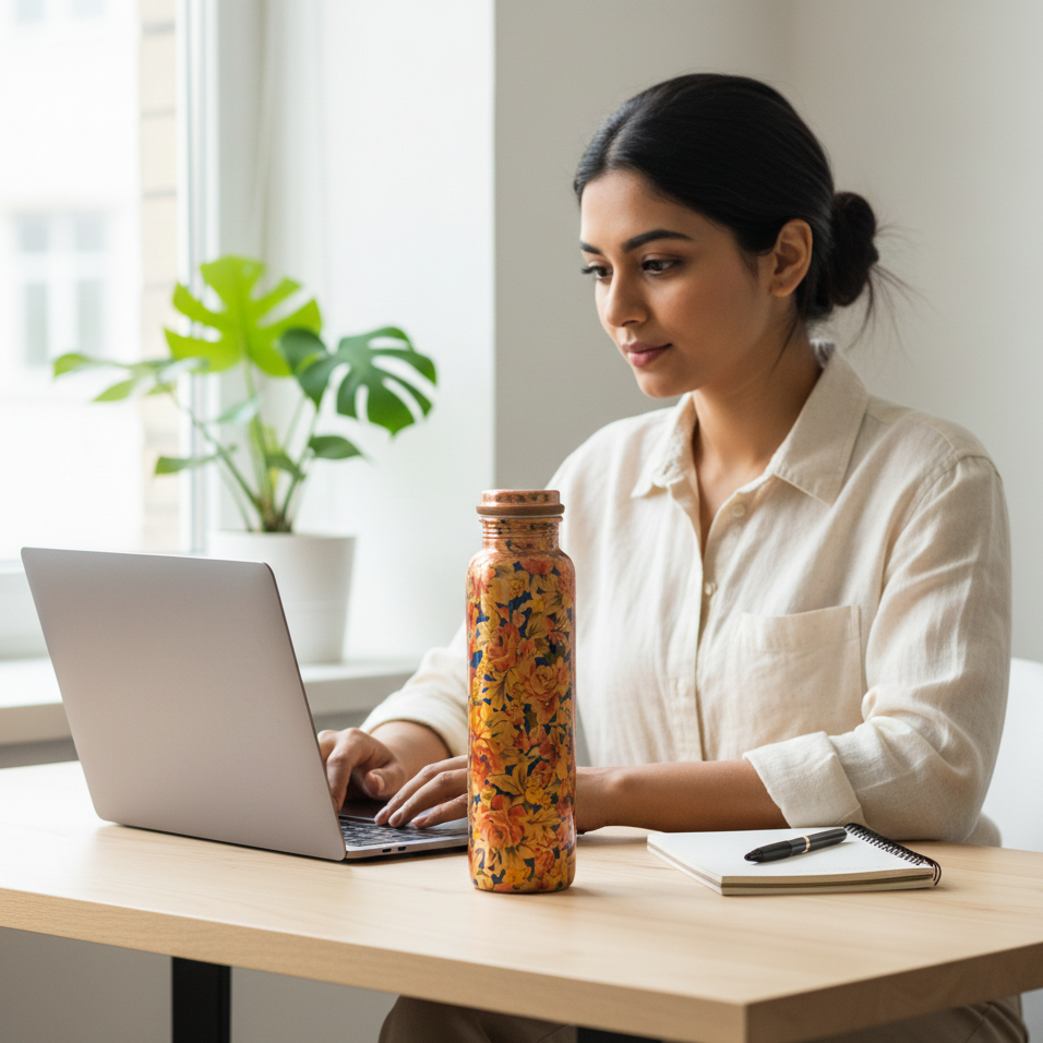 RoyalStuffs Printed Pure Copper Water Bottle – Floral Designer Copper Bottle for Daily Hydration (950 ML)