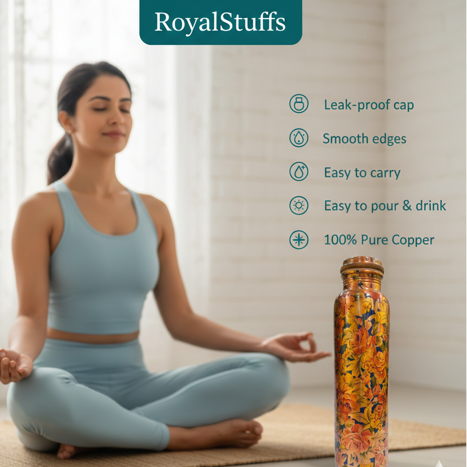 RoyalStuffs Printed Pure Copper Water Bottle – Floral Designer Copper Bottle for Daily Hydration (950 ML)