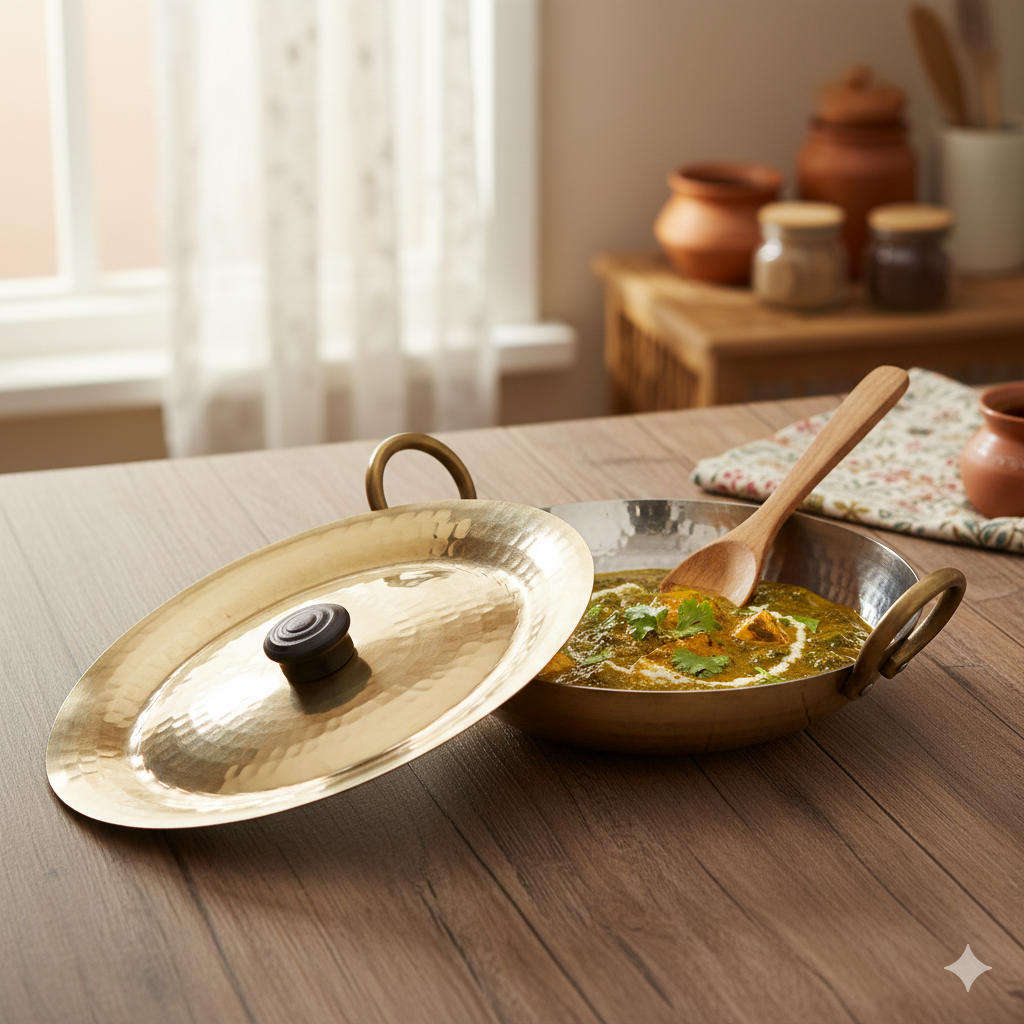 RoyalStuffs Round Base Handmade Brass Kadhai with Pure Tin (Kalai) Coating & Brass Lid