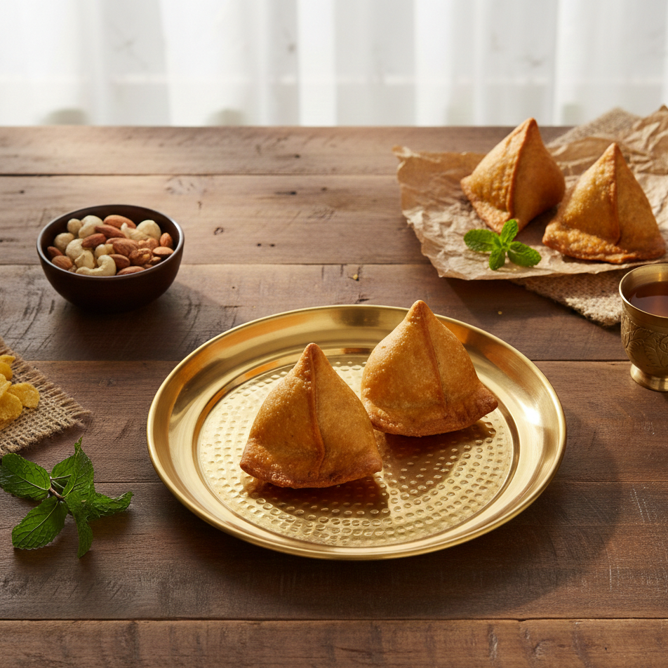 Two samosas on a gold plate with a bowl of nuts and a cup of tea on a wooden table.