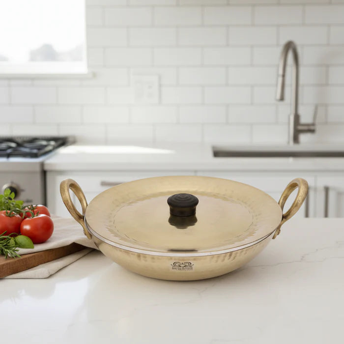 Flat Base Brass Kadhai with Lid – Tin Lined Heavy Bottom Cookware (Multiple Sizes)