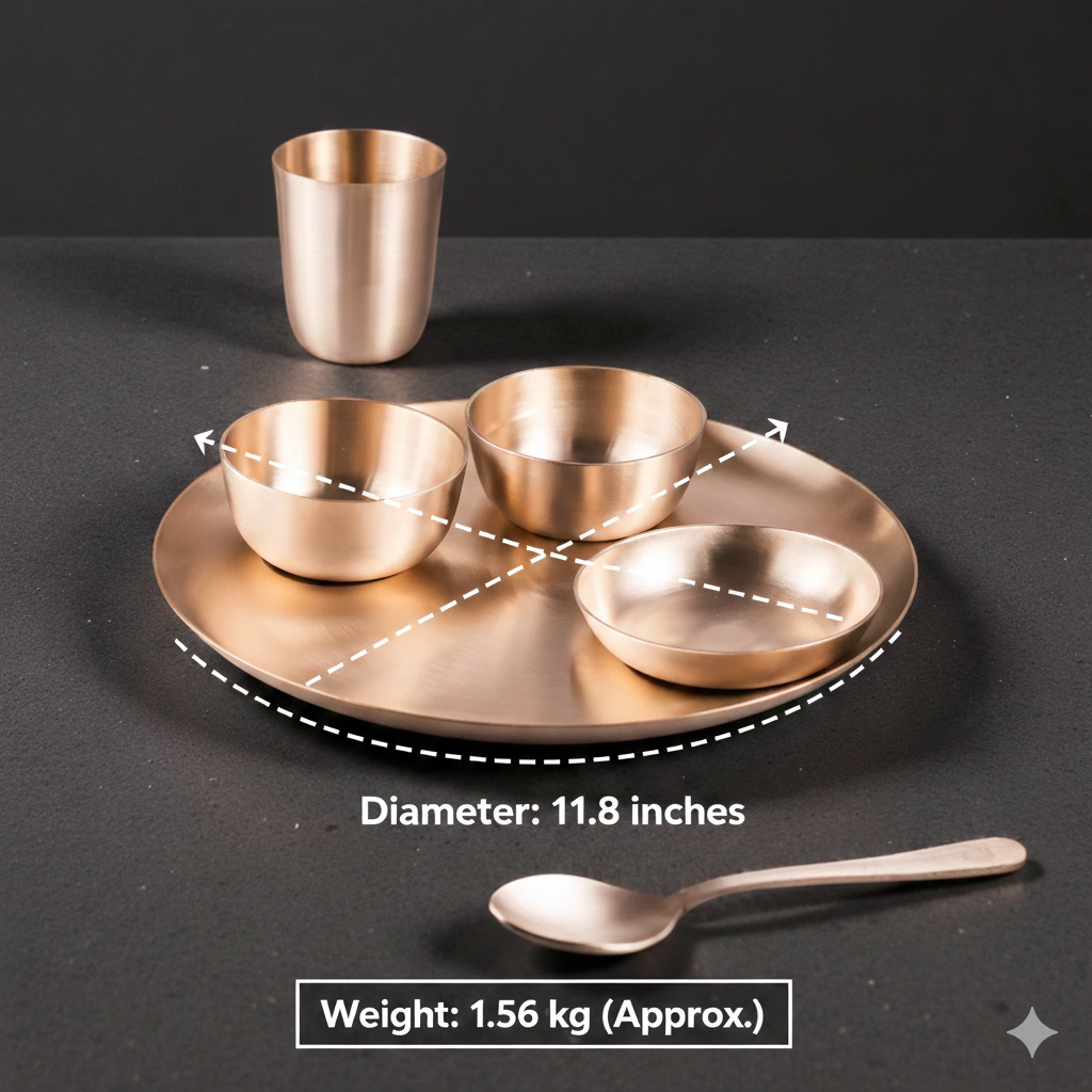 RoyalStuffs 11.8 Inch Matt Finish Kansa Bhojan Set – Traditional 6 Piece Bronze Dinner Set (80:20 Certified Kansa)