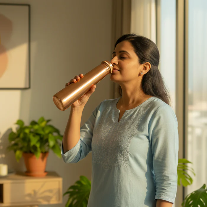 RoyalStuffs Tower Plain Shine Pure Copper Water Bottle – 700 ML Leak-Proof Copper Bottle
