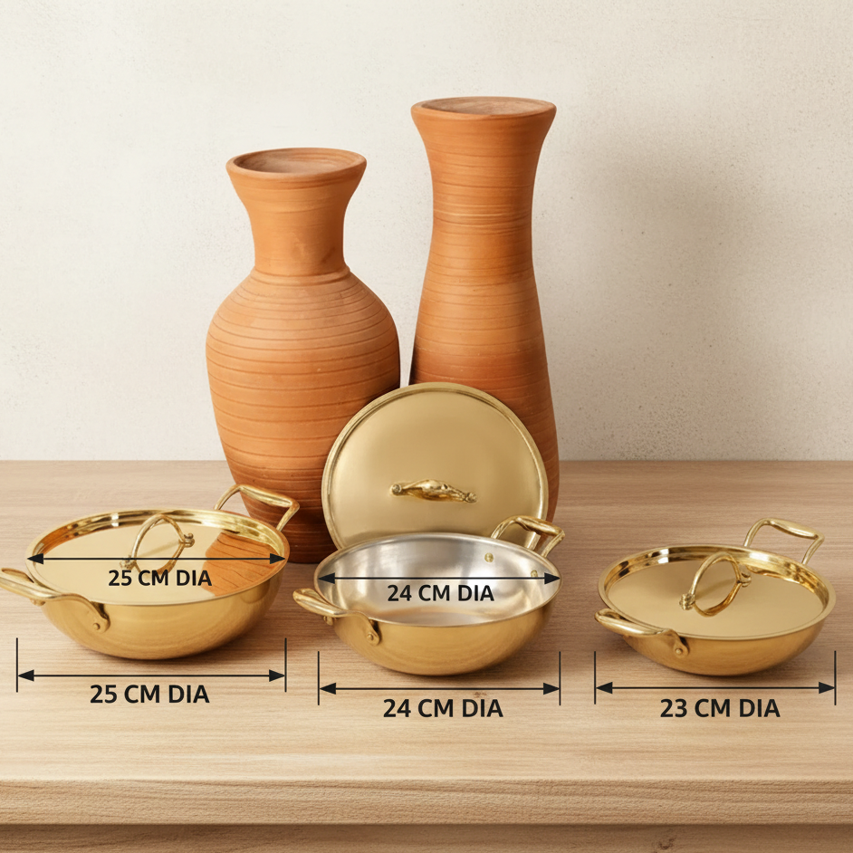 Set of ceramic vases and metallic cookware with dimensions on a wooden surface.