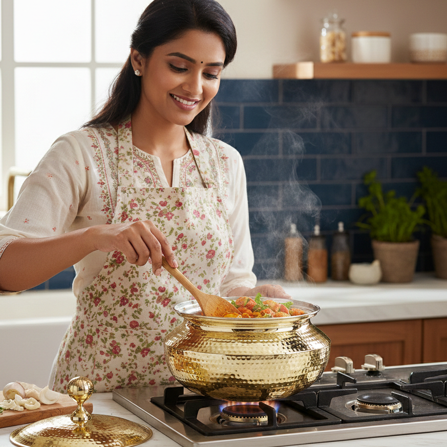 Woman cooking in a kitchen with a gold pot on the stove