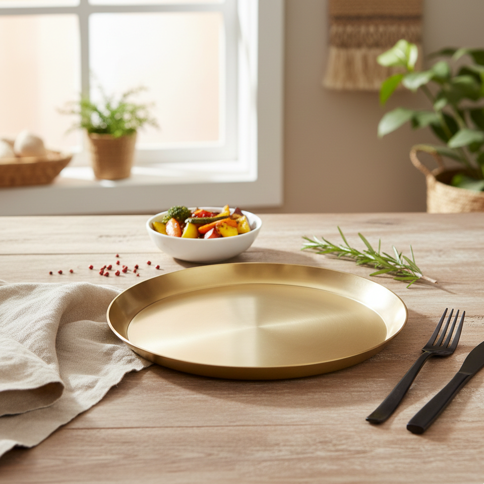 Gold plate on a wooden table with black cutlery and a bowl of vegetables.