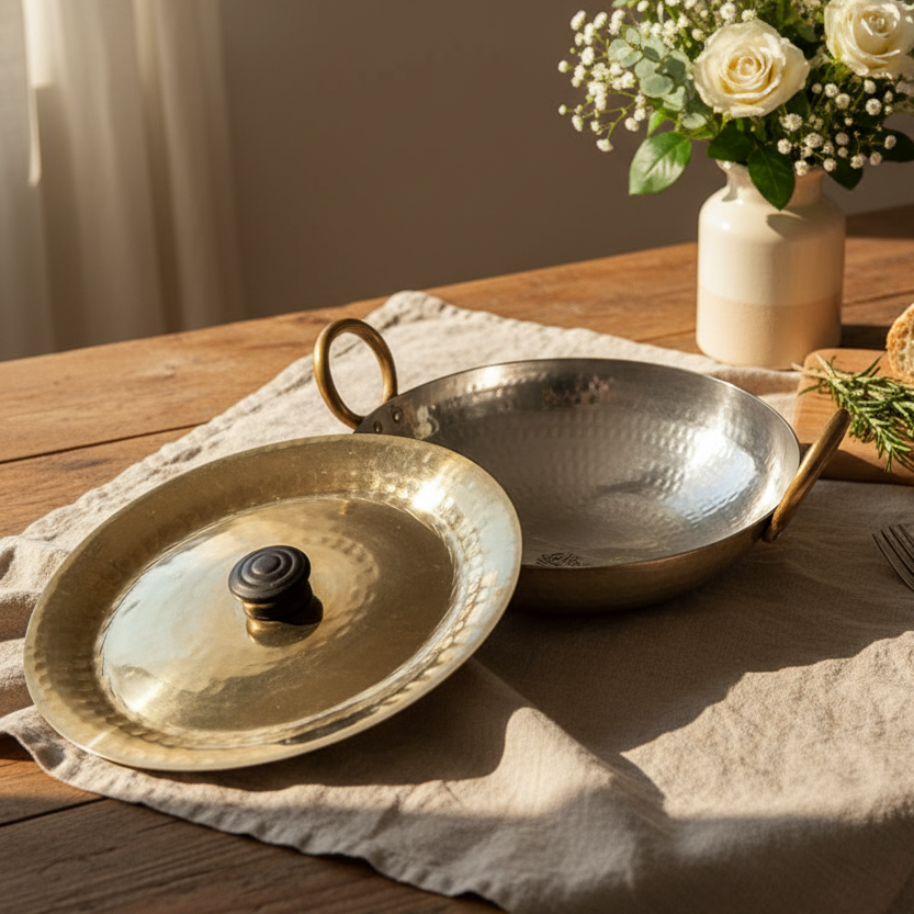 Brass and silver lids on a wooden surface