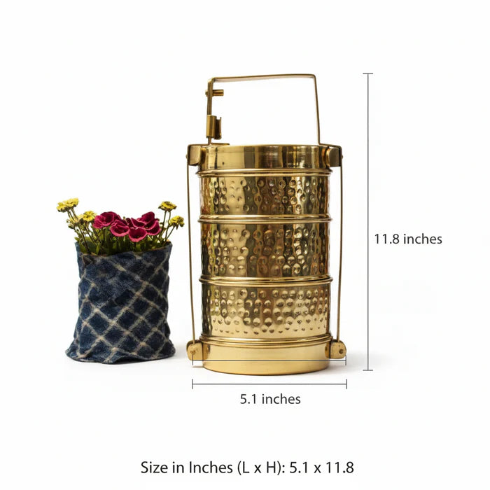Handmade Hammered Brass 3 Tier Lunch Box – Traditional Tiffin Carrier with Handle