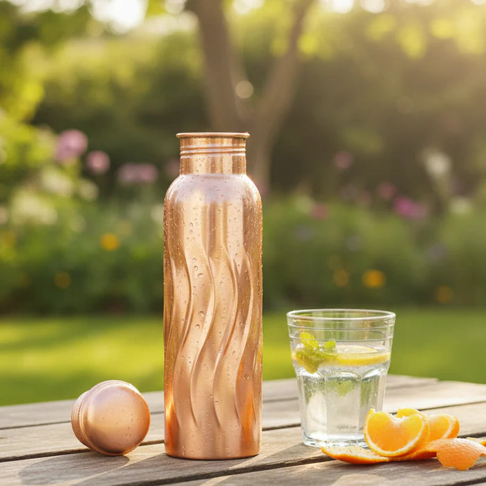 RoyalStuffs Wavy Designer Pure Copper Water Bottle – 1 Litre Modern Copper Hydration Bottle