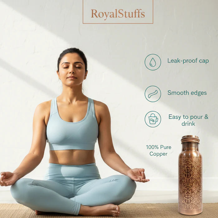 RoyalStuffs Laser Etching Antique Pure Copper Water Bottle – 1 Litre Engraved Copper Bottle