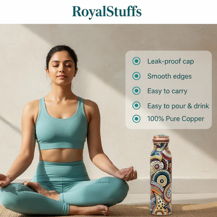 Colorful Paisley Pure Copper Water Bottle – Jointless Leak-Proof Ayurveda Bottle for Sports & Yoga (1000 ML)