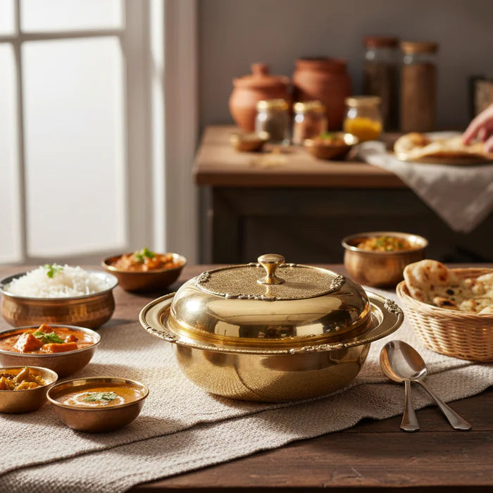500 ML Pure Brass Serving Donga with Lid – Handcrafted Premium Tableware Bowl