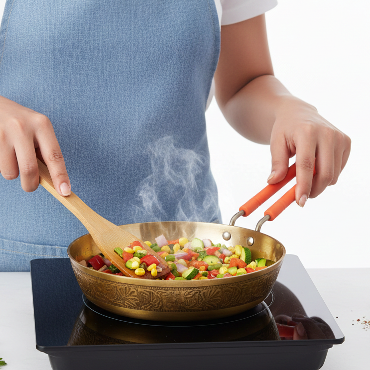 Person cooking colorful vegetables in a frying pan on a stove.