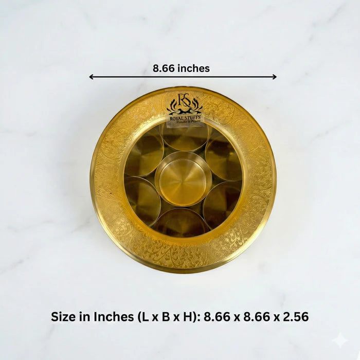 RoyalStuffs Brass Masala Dani Spice Box – Brass & Glass Spice Container Set with Spoon (7 Compartments)