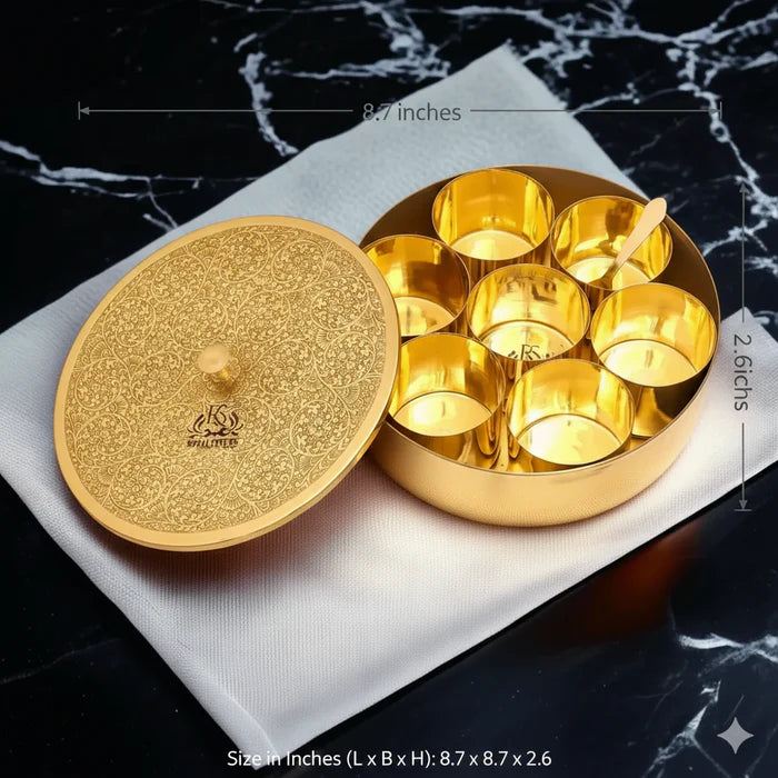 Pure Brass Spice Box (Masala Dani) Set with Lid, Spoon & 7 Containers