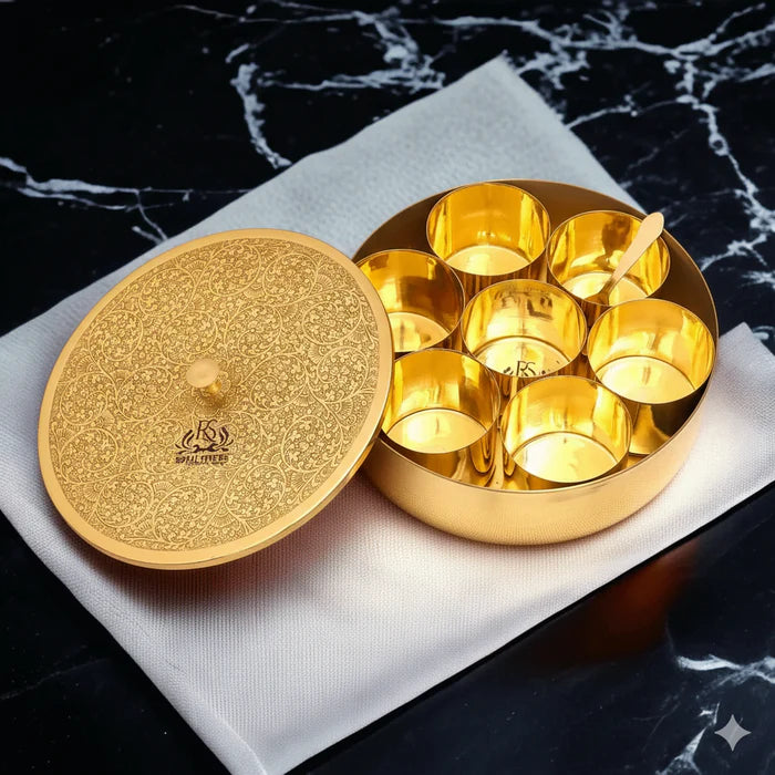 Pure Brass Spice Box (Masala Dani) Set with Lid, Spoon & 7 Containers