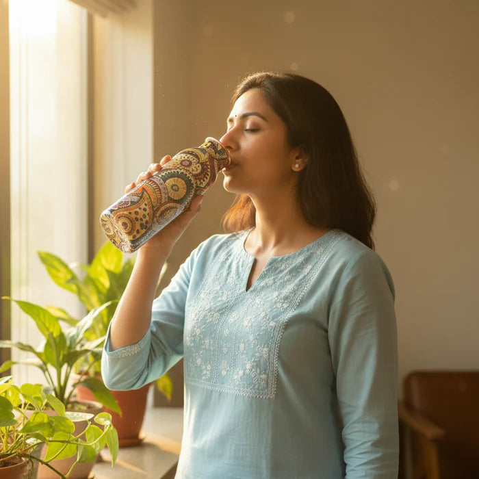 Colorful Paisley Pure Copper Water Bottle – Jointless Leak-Proof Ayurveda Bottle for Sports & Yoga (1000 ML)
