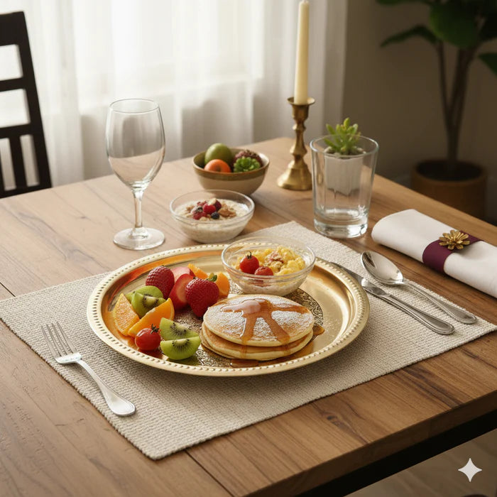Handmade Pure Brass Plate – Embossed Design Round Serving & Dining Plate