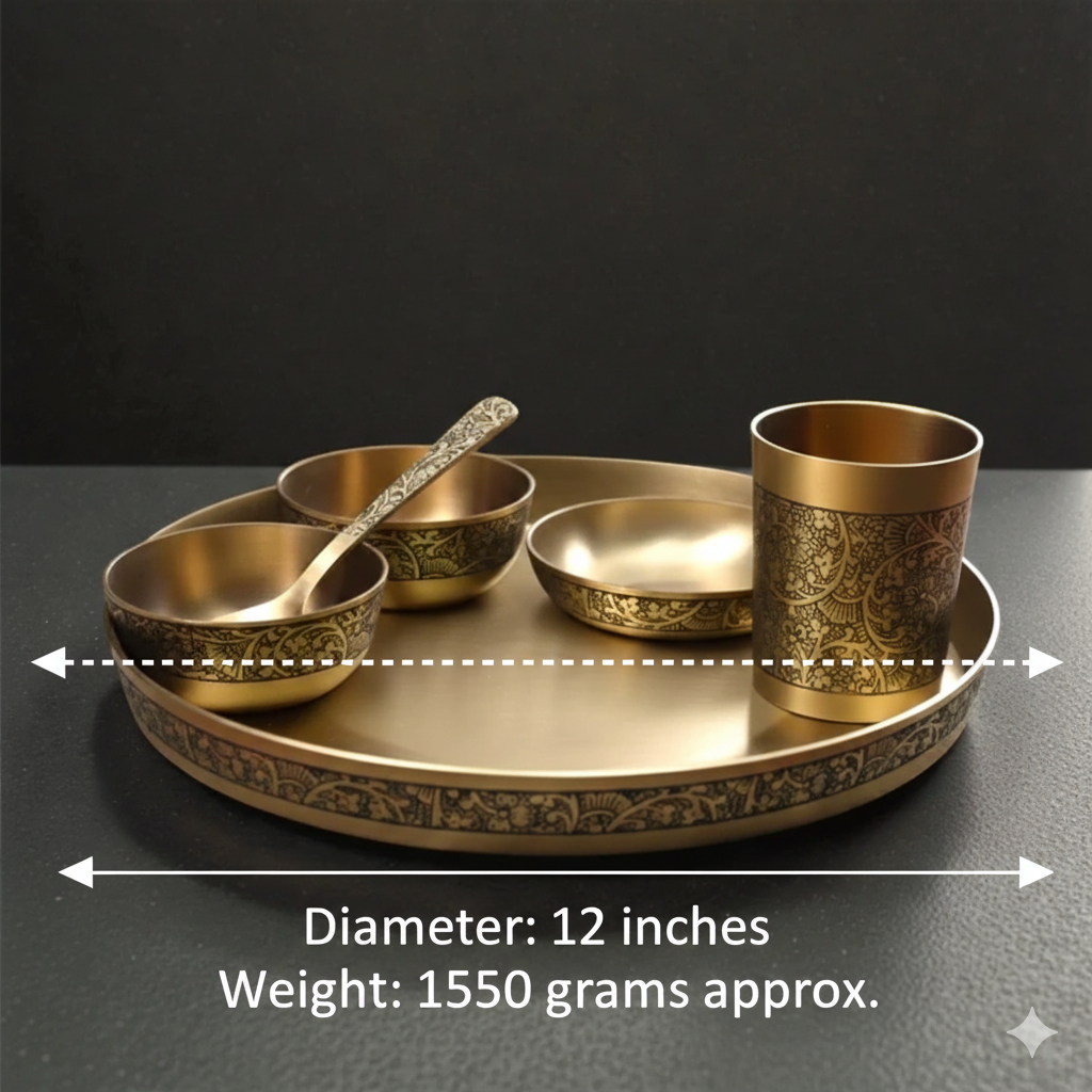 Matt 12Inch Kansa Utensil 6 Piece Embossed Designer Dinner Thali Set for Home Hotel Restaurant with 1 Dinner Plate, 2 Bowl, 1 Rice Plate, 1 Glass, & 1 Spoon