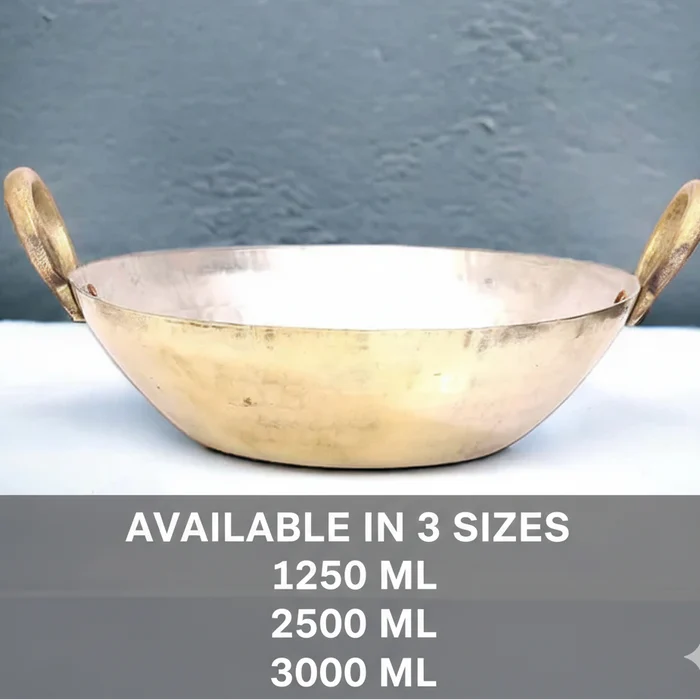 Flat Base Brass Kadhai with Lid – Tin Lined Heavy Bottom Cookware (Multiple Sizes)