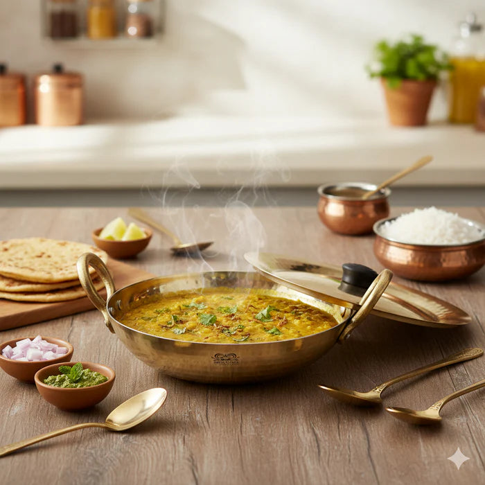 Flat Base Brass Kadhai with Lid – Tin Lined Heavy Bottom Cookware (Multiple Sizes)