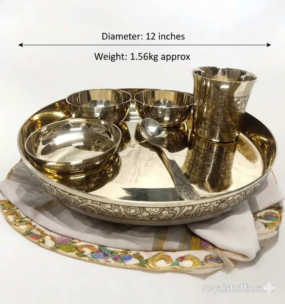 RoyalStuffs 12 Inch Embossed Kansa Dinner Thali Set – 6 Piece Traditional Bronze Dining Set (80:20 Certified Kansa)
