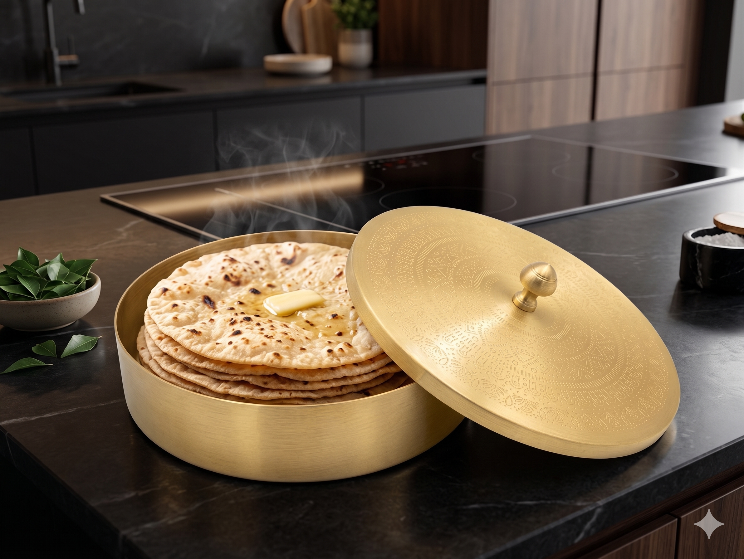 RoyalStuffs Pure Brass Chapati Box – Handcrafted Brass Roti & Puri Storage Dibba with Embossed Lid