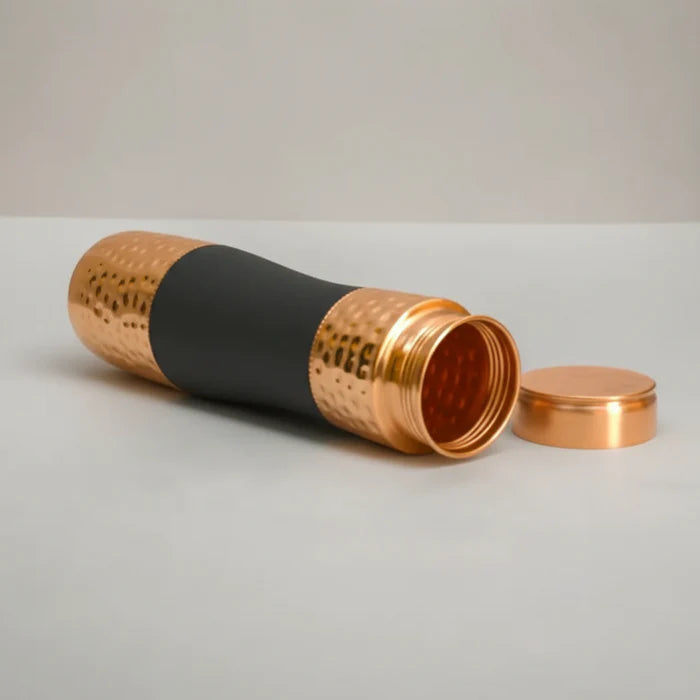 RoyalStuffs Pure Copper Hammered Bedside Carafe with Tumbler Lid – Black Designer Water Bottle (1000 ML)