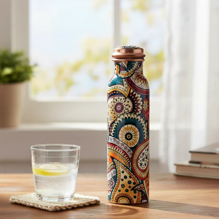 Colorful Paisley Pure Copper Water Bottle – Jointless Leak-Proof Ayurveda Bottle for Sports & Yoga (1000 ML)