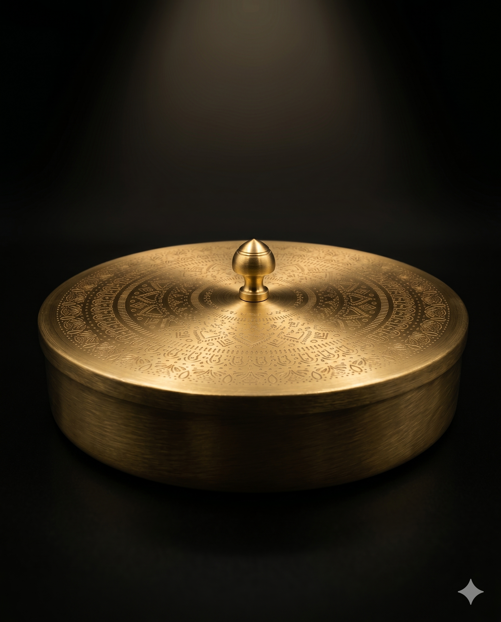 RoyalStuffs Pure Brass Chapati Box – Handcrafted Brass Roti & Puri Storage Dibba with Embossed Lid