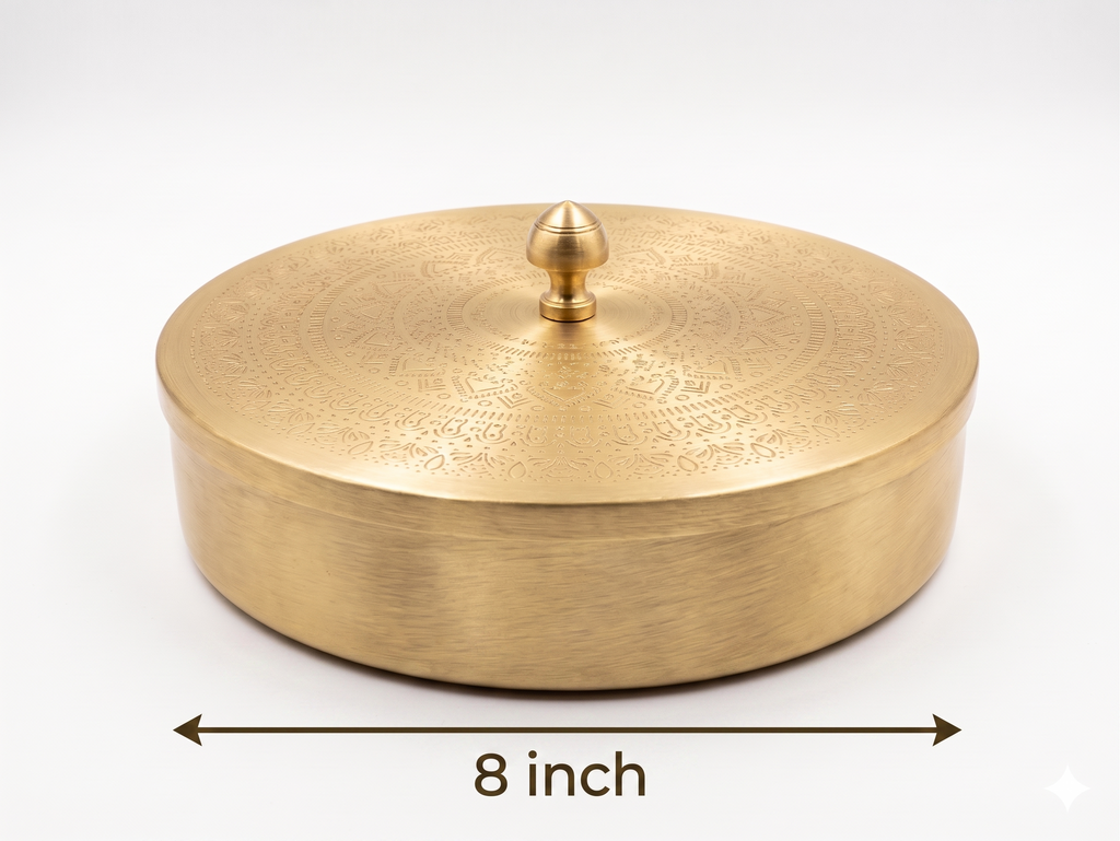 RoyalStuffs Pure Brass Chapati Box – Handcrafted Brass Roti & Puri Storage Dibba with Embossed Lid
