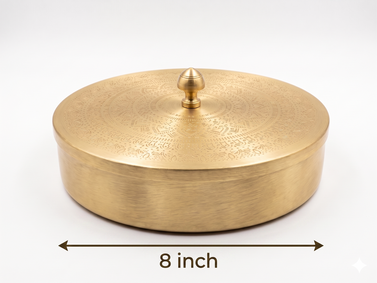 RoyalStuffs Pure Brass Chapati Box – Handcrafted Brass Roti & Puri Storage Dibba with Embossed Lid