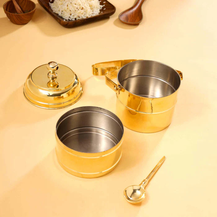 RoyalStuffs Brass 3 Tier Office Tiffin Lunch Box with Tin Lining – Portable Brass Lunch Carrier